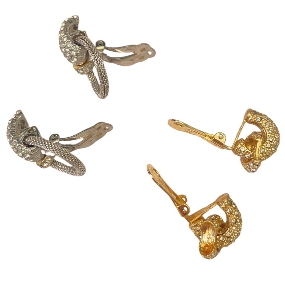 Vintage 80’s pair clip on textured earrings silvertone goldtone pave rhinestones - Picture 3 of 3